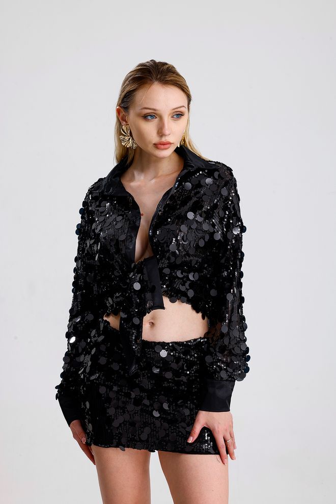 SENSE جيبة سوداء بألوان متلألئة وقصة الجسم ميني ملابس بالجملة 1