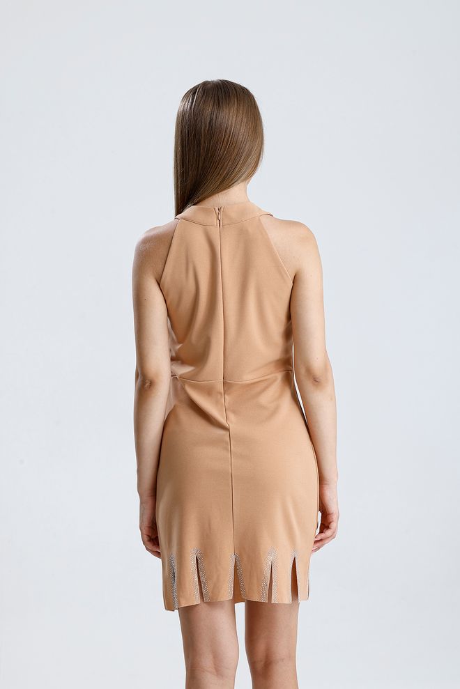 SENSE Bej Bodycon Mini Elbise Reglan Kollu Toptan Giyim Bahar