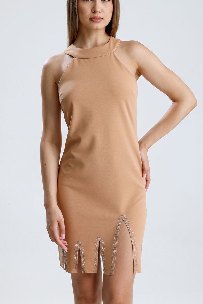 SENSE Bej Bodycon Mini Elbise Reglan Kollu Toptan Giyim Doğum Günü