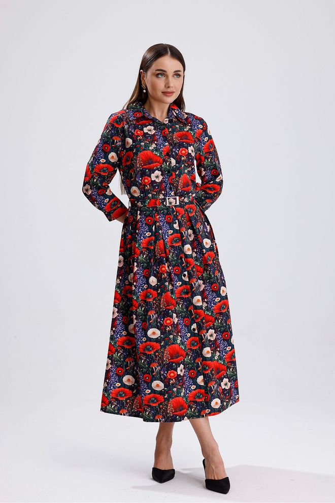 SENSE Vestido Camisa Midi Modesto Vermelho Com Flores Roupas por atacado Modesto