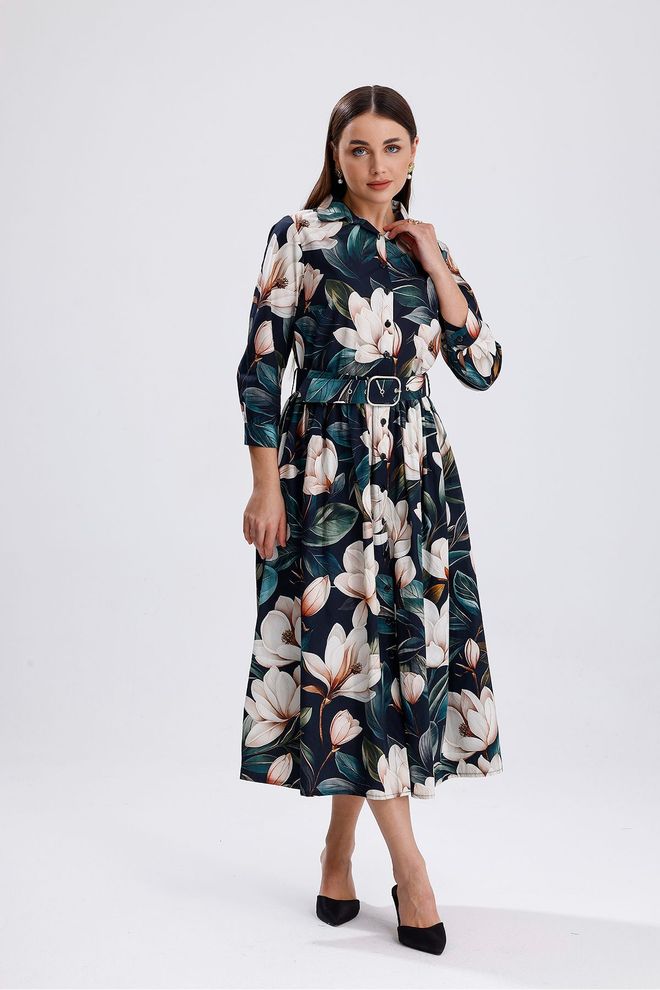 SENSE Vestido Camisa Midi Elegante Azul marinho Roupas por atacado Modesto