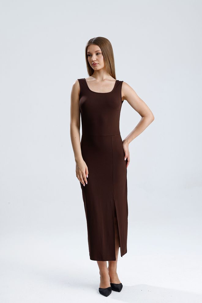 SENSE Vestido Marrón Sexy Elegante Formal Bodycon Midi Cuello Redondo Sin Mangas Ropa al por mayor 0