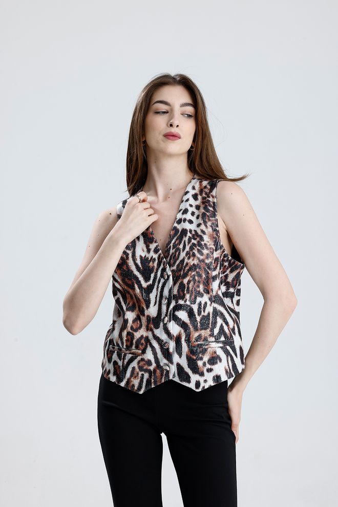 SENSE Brown Animal Print Regular Fit Vest Wholesale Clothing Casual