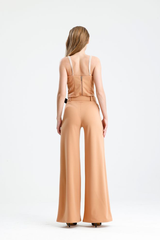 SENSE Bej Zarif Palazzo Pantolon Yüksek Bel Toptan Giyim Nostaljik