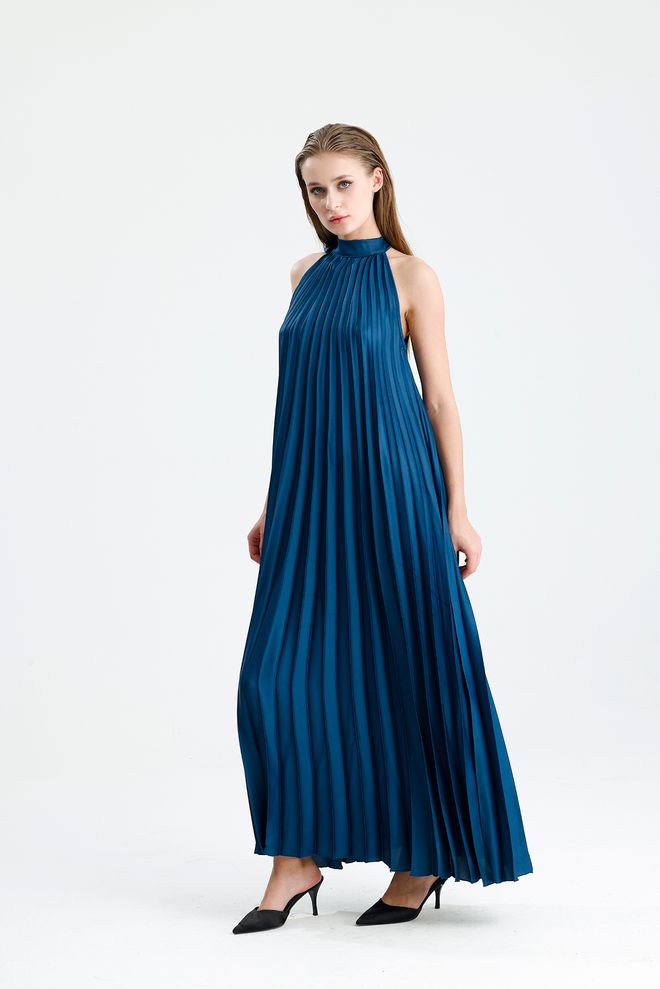 SENSE Mornarsko Modra Eleganten Dolga Obleka Oblačila na debelo Vintage