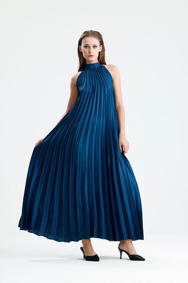 SENSE Tamsiai Mėlyna Elegantiška Suknelė Iki Grindų Didmeninė prekyba drabužiais Metalo spalvos siūlai