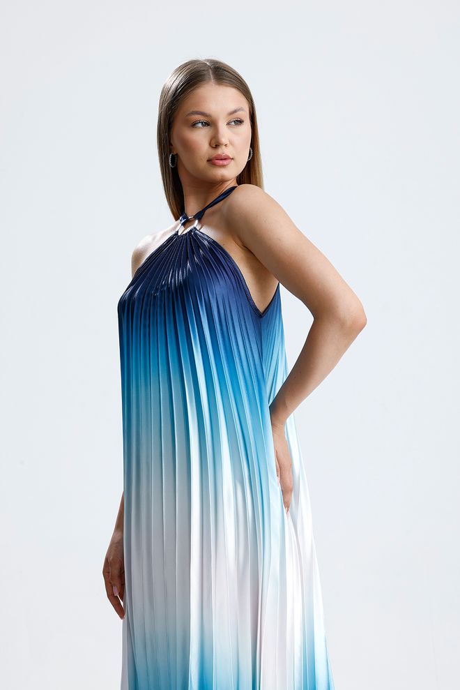 SENSE Mavi Zarif Halter Yaka Düz Elbise Toptan Giyim Boho