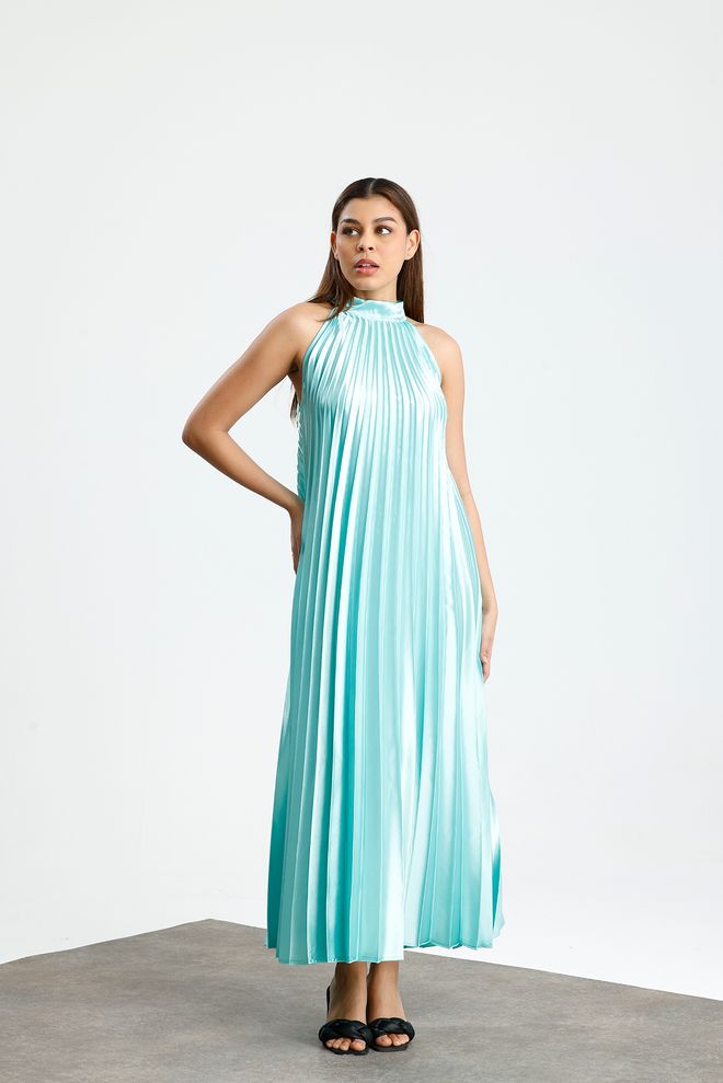 SENSE Sense Faršo Kaklo Tie Up Plisuotos Rankovių Satino Suknelė Didmeninė prekyba drabužiais Kokteilinė