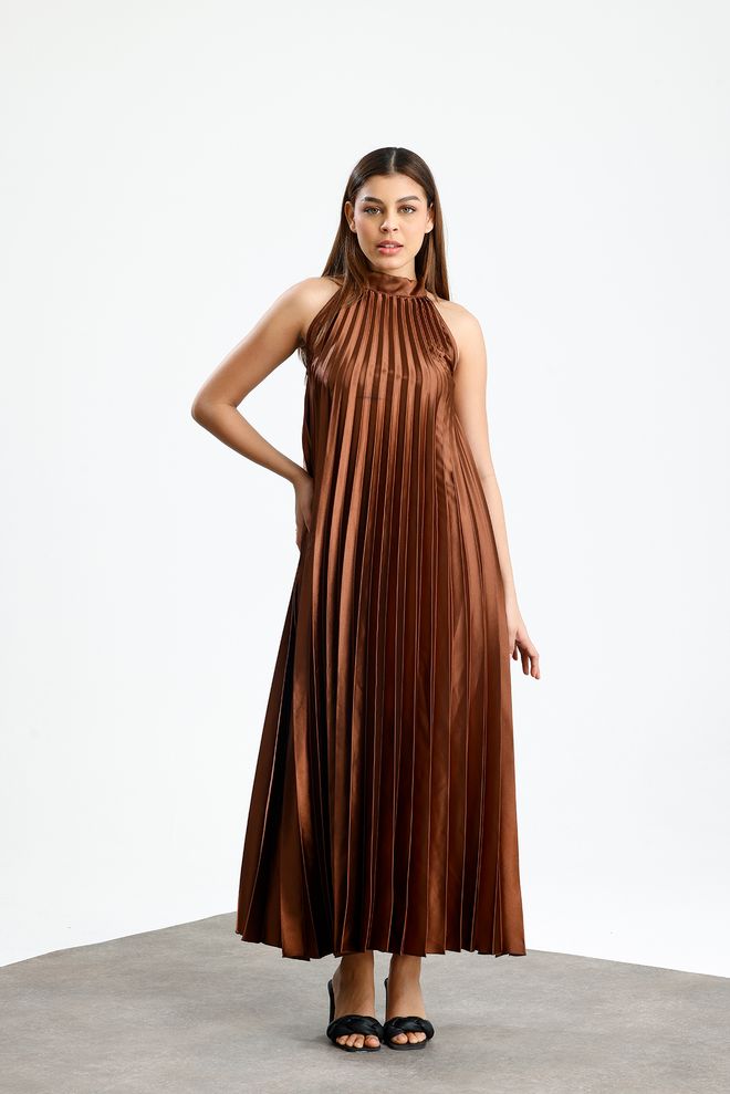 SENSE Rjava Elegantna Maxi Slip Obleka Z Visokim Ovratnikom Oblačila na debelo Vintage