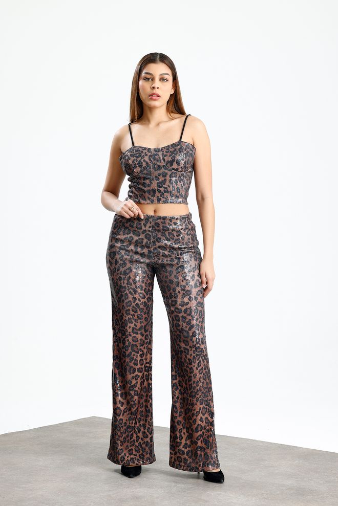 SENSE Кафяви Панталони С Леопардов Принт Секси И Глем Палацо С Дълги Крачоли И Средна Талия Дрехи на едро Секси