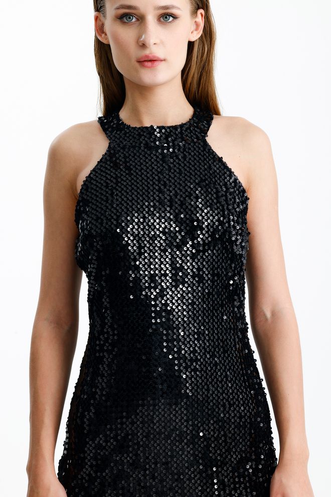 SENSE Czarna Cekinowa Mini Sukienka Typu Bodycon Z Rękawami Typu Cap I Dekoltem Halter Hurtowa sprzedaż odzieży Wiosna