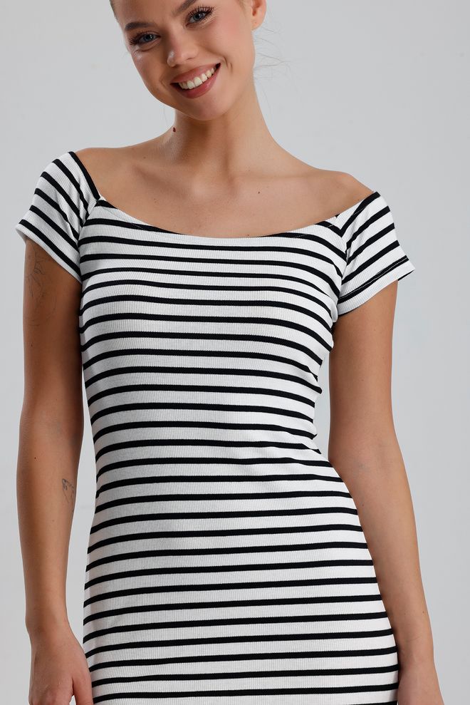 SENSE Черна Райета Бодикон Мини Рокля С Лодка Деколте Дрехи на едро Пролет