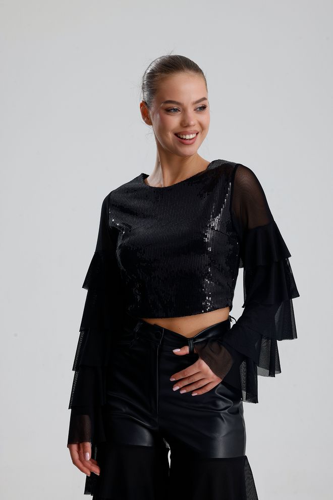 SENSE Черная Гламурная Тонкая Укороченная Блузка С Рюшами Оптовая продажа одежды Повседневный