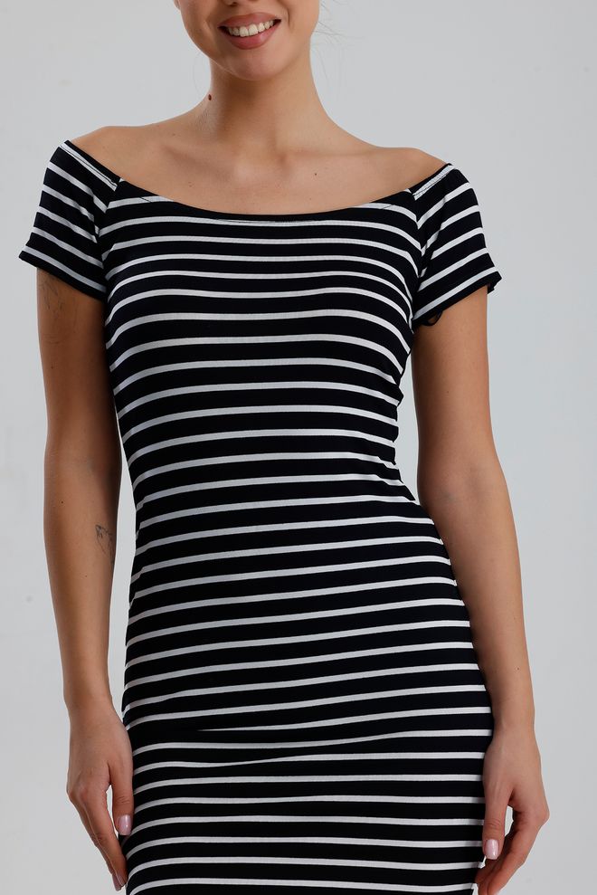 SENSE Черна Райе Бодикон Мини Рокля С Паднали Презрамки Дрехи на едро Пролет