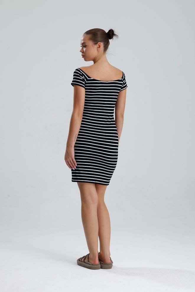 SENSE Черна Райе Бодикон Мини Рокля С Паднали Презрамки Дрехи на едро Секси