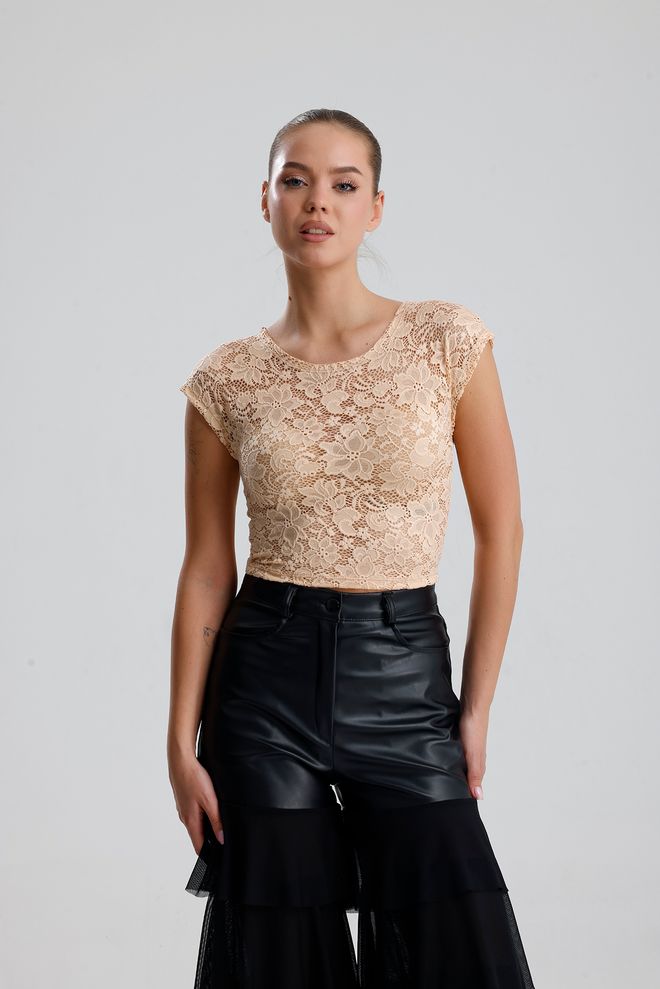 SENSE Бежевая Цветочная Блузка Slim Fit С Рукавами крышечками И Укороченной Длиной Оптовая продажа одежды Повседневный