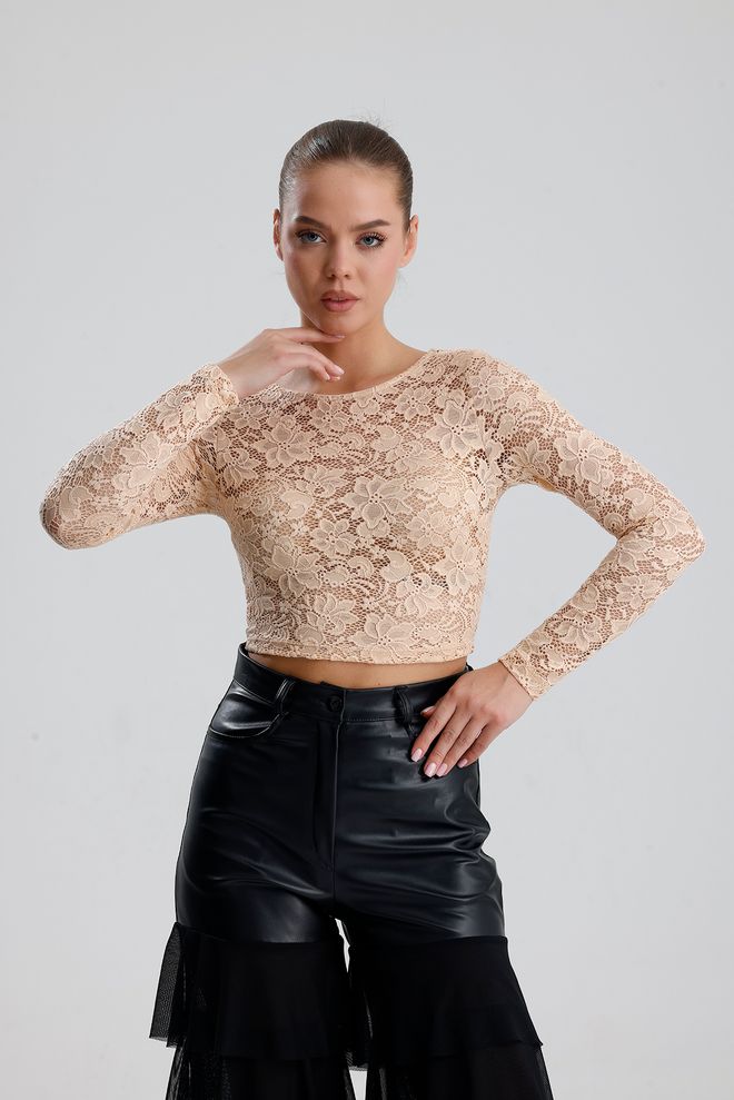 SENSE Μπεζ Floral Slim Fit Crop Μπλούζα Χονδρικό εμπόριο ενδυμάτων Casual