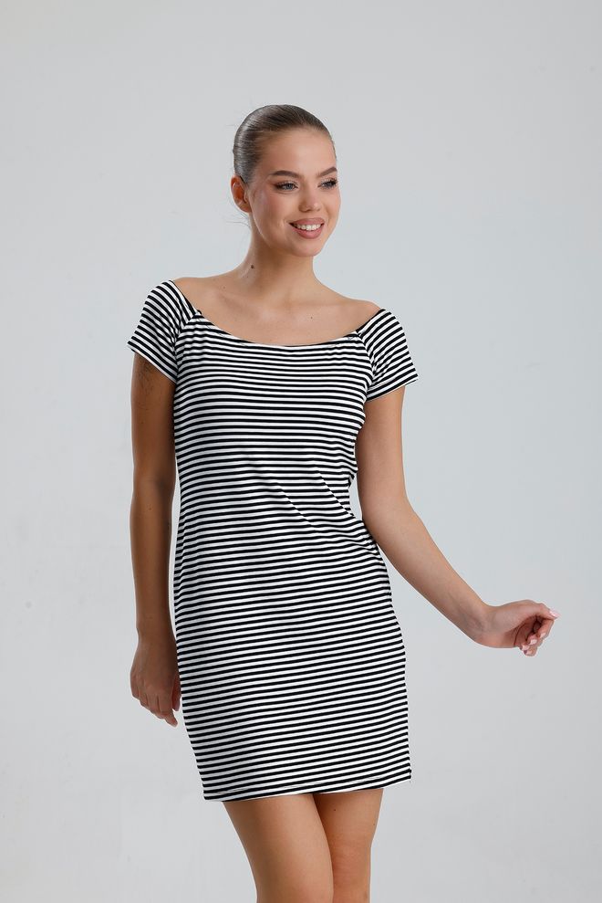 SENSE Мини Рокля Sense Бяла Тънка Раирана От Вискозен Еластан Дрехи на едро Небрежен