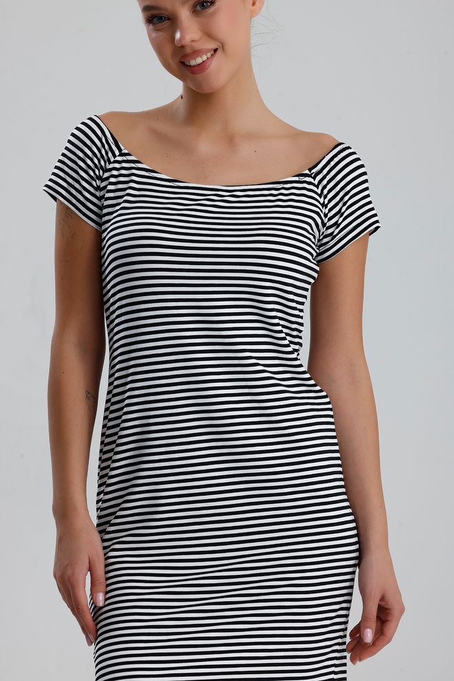 SENSE Черна Райе Бодикон Мини Рокля С Лодка Деколте Black Striped Bodycon Mini Dress With Boat Neck Дрехи на едро Пролет