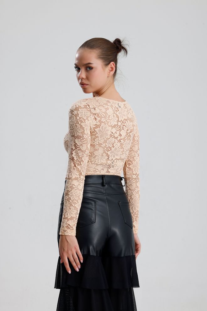 SENSE Beige Floral Slim Fit Crop Blouse Wholesale Clothing Sexy