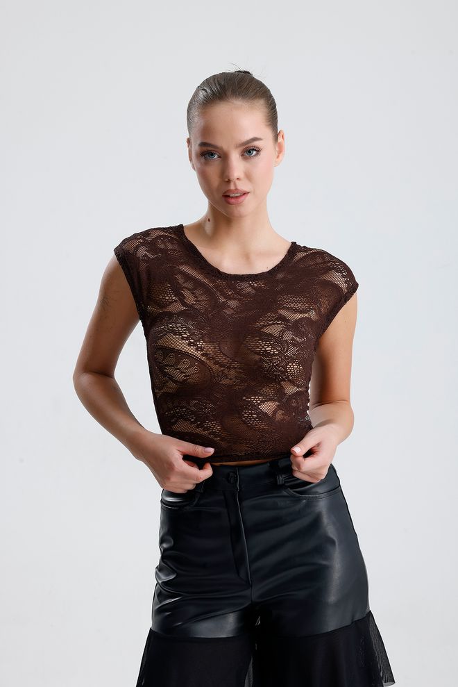 SENSE بلوزة بنية مزهرة بقصة ضيقة وأكمام كاب ملابس بالجملة 1