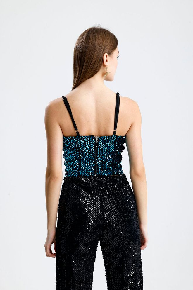 SENSE Blue Sleeveless Sequined Sweetheart Neck Bustier Wholesale Clothing Spring