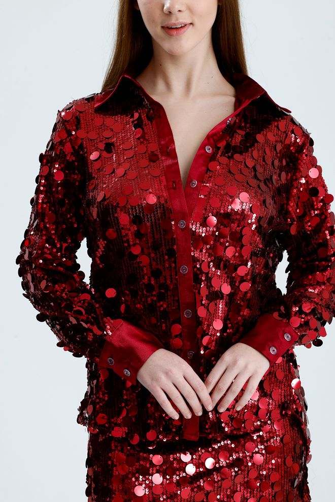 SENSE Red Glam Sequined Buttoned Shirt For Party Wholesale Clothing Spring