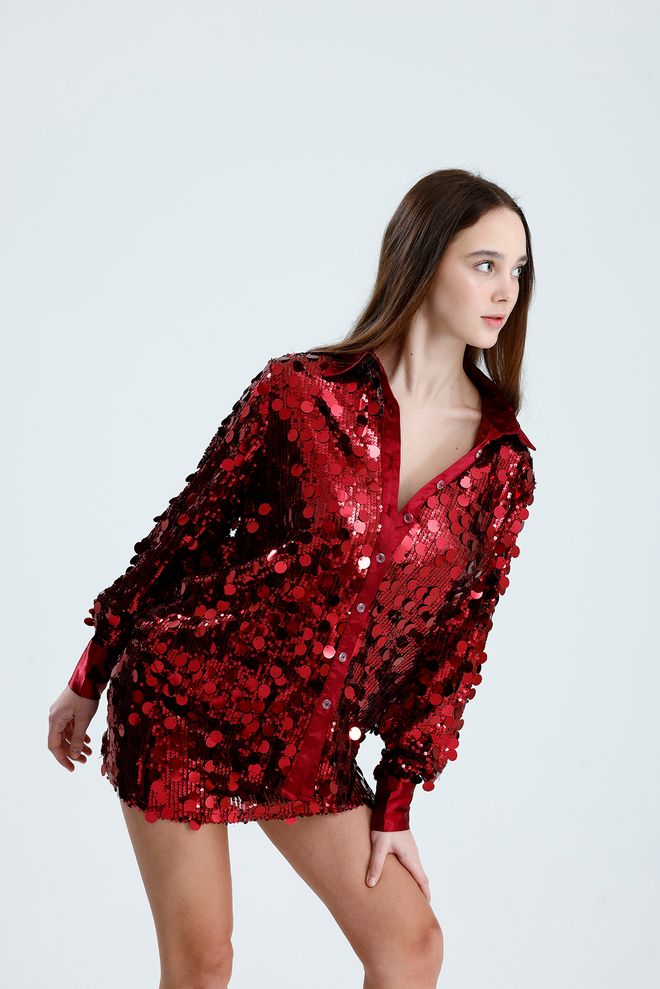 SENSE Red Glam Sequined Buttoned Shirt For Party Wholesale Clothing 1