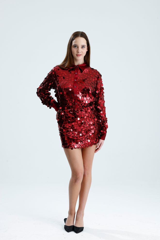 SENSE Red Glam Sequined Buttoned Shirt For Party Wholesale Clothing Birthday