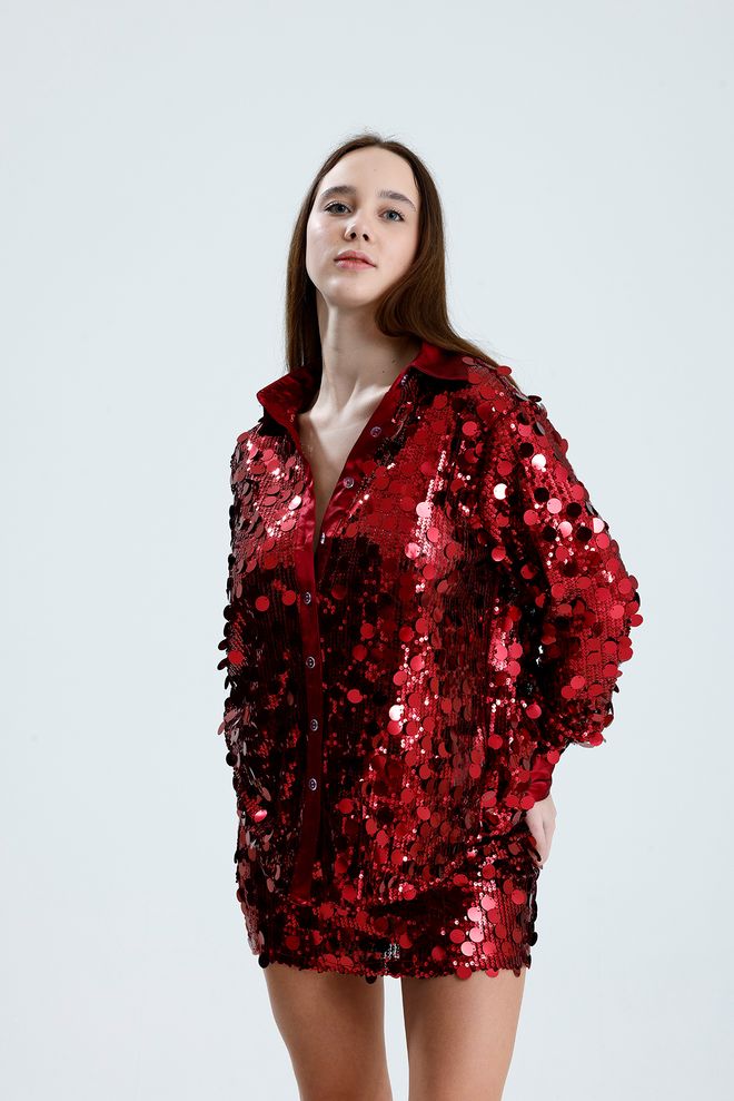 SENSE Red Glam Sequined Buttoned Shirt For Party Wholesale Clothing Vintage