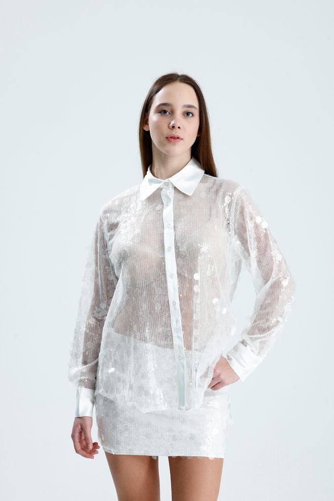 SENSE Белая Гламурная Рубашка С Пайетками И Полосками С Водолазкой Оптовая продажа одежды Повседневный