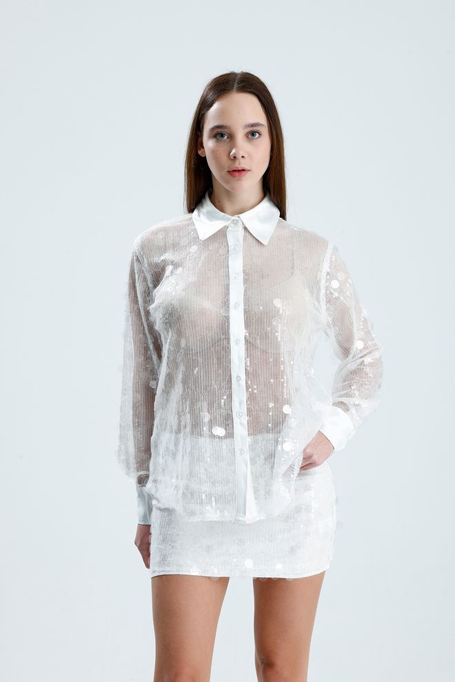 SENSE Bijela Glamurozna Majica Sa Šljokicama I Prugama S Polo Izrezom Veleprodaja odjeće 1