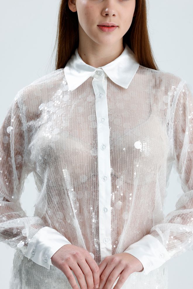 SENSE Bijela Glamurozna Majica Sa Šljokicama I Prugama S Polo Izrezom Veleprodaja odjeće Proljeće