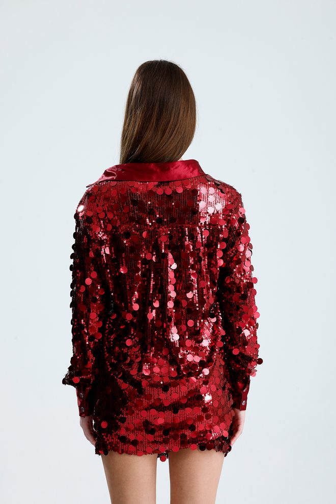 SENSE Red Glam Sequined Buttoned Shirt For Party Wholesale Clothing Sexy