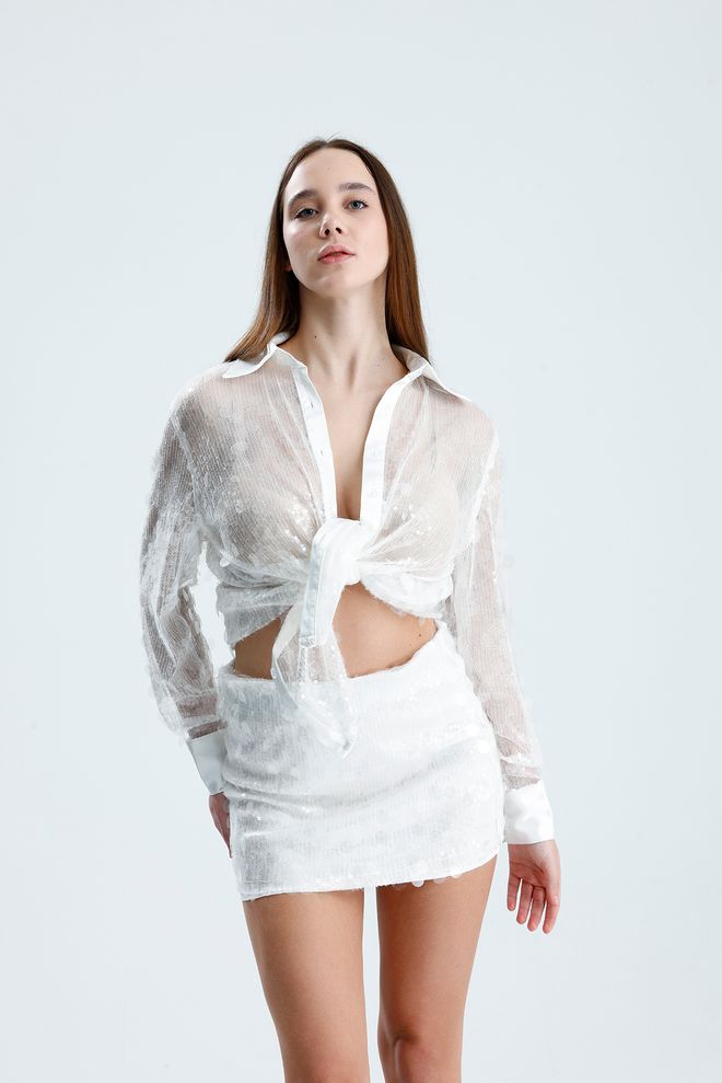 SENSE الجيبة البيضاء الضيقة المطرزة بالترتر الميني ملابس بالجملة جنسي