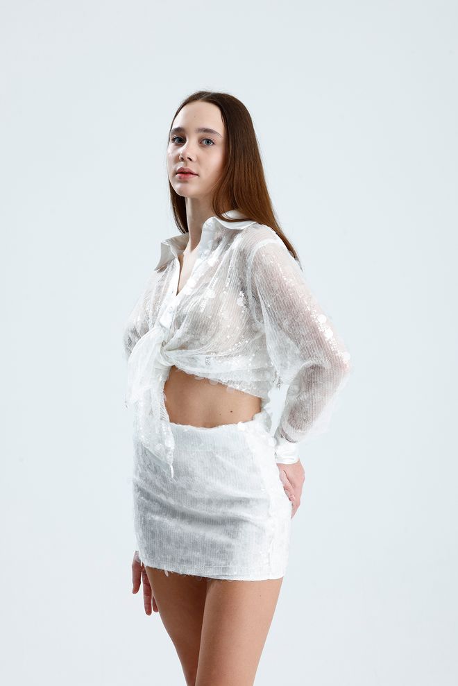 SENSE الجيبة البيضاء الضيقة المطرزة بالترتر الميني ملابس بالجملة كوكتيل