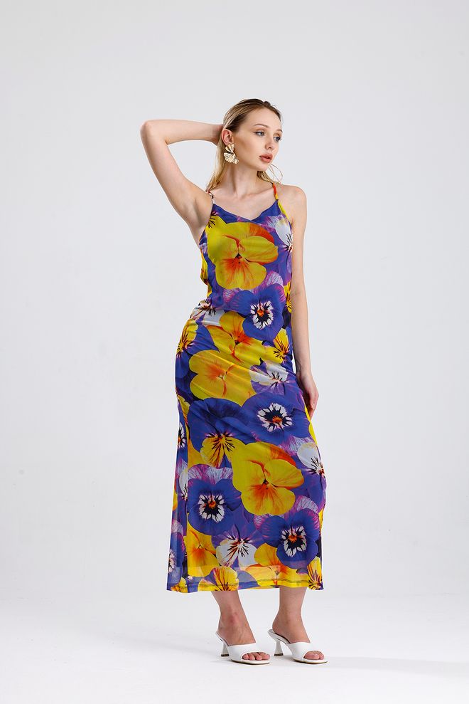 SENSE Жълта Цветна Рокля Макси Тип Комбинезон Дрехи на едро 1