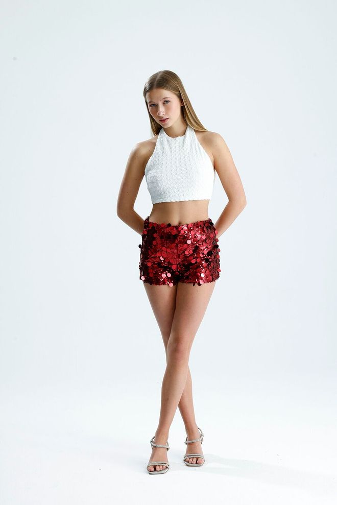 SENSE Red Sequined Athletic High Waist Shorts Wholesale Clothing Sexy