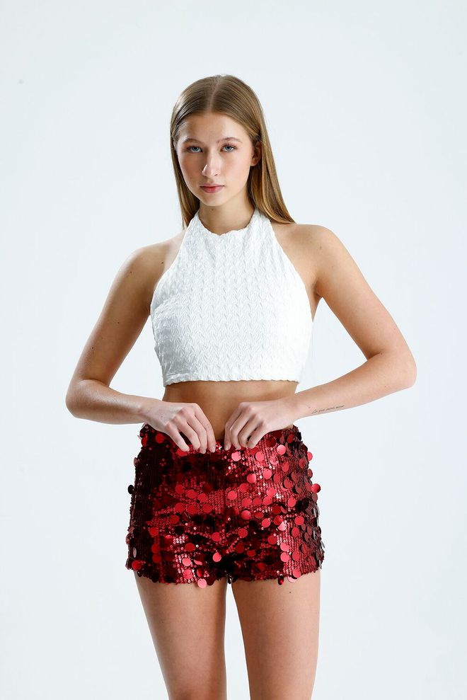 SENSE Red Sequined Athletic High Waist Shorts Wholesale Clothing Birthday