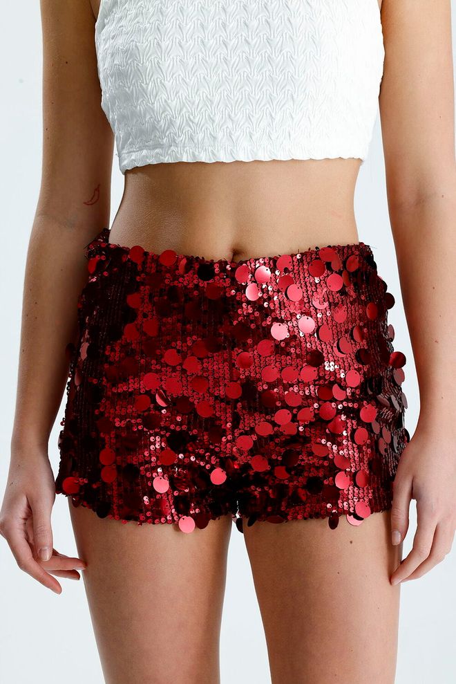 SENSE Red Sequined Athletic High Waist Shorts Wholesale Clothing Summer