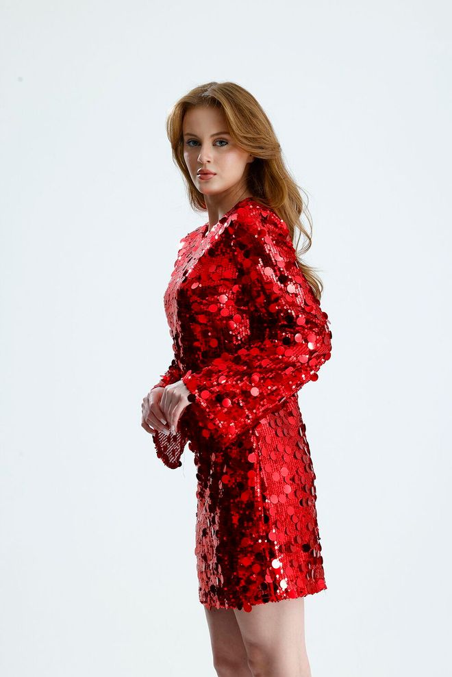 SENSE Rotes Glam Pailletten Mini Kleid Mit Glockenärmeln – Mantel Großhandelskleidung Herbst
