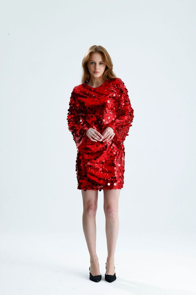 SENSE Rotes Glam Pailletten Mini Kleid Mit Glockenärmeln – Mantel Großhandelskleidung 1