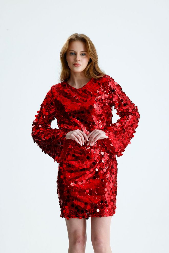 SENSE Rotes Glam Pailletten Mini Kleid Mit Glockenärmeln – Mantel Großhandelskleidung Geburtstag