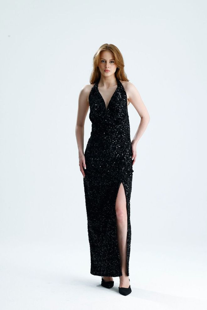 SENSE Juoda Seksuali Elegantiška Bodycon Suknelė Su Blizgučiais Didmeninė prekyba drabužiais Apvali