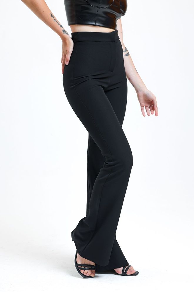 SENSE Black Flare Leg Zippered Pocket Hürrem Trousers Wholesale Clothing Spring
