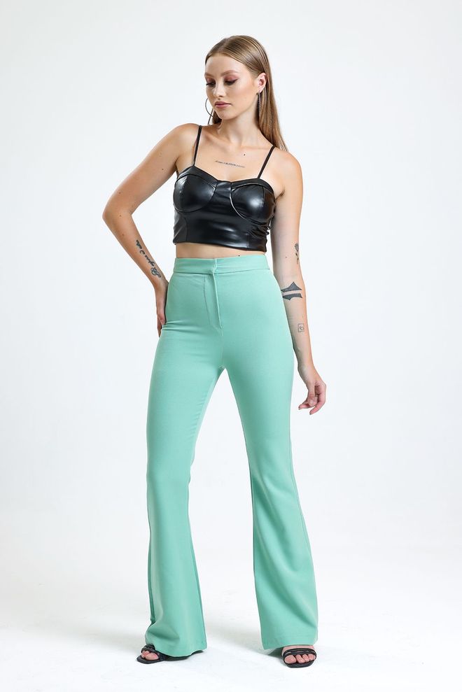 SENSE Water Green Flare Leg Zippered Pocket Hürrem Trousers Wholesale Clothing Casual