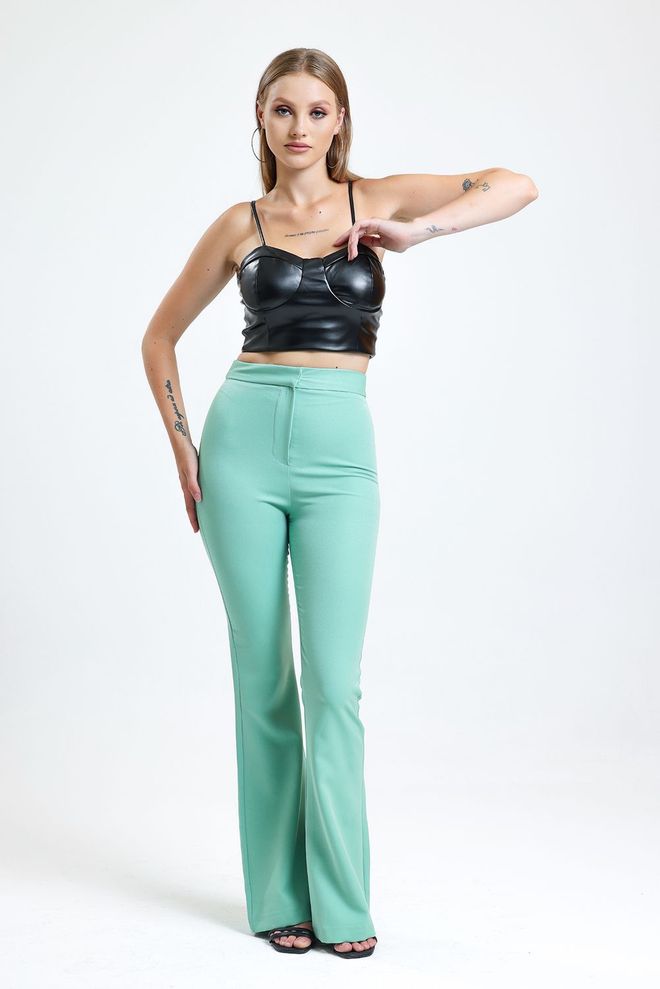 SENSE Water Green Flare Leg Zippered Pocket Hürrem Trousers Wholesale Clothing Work