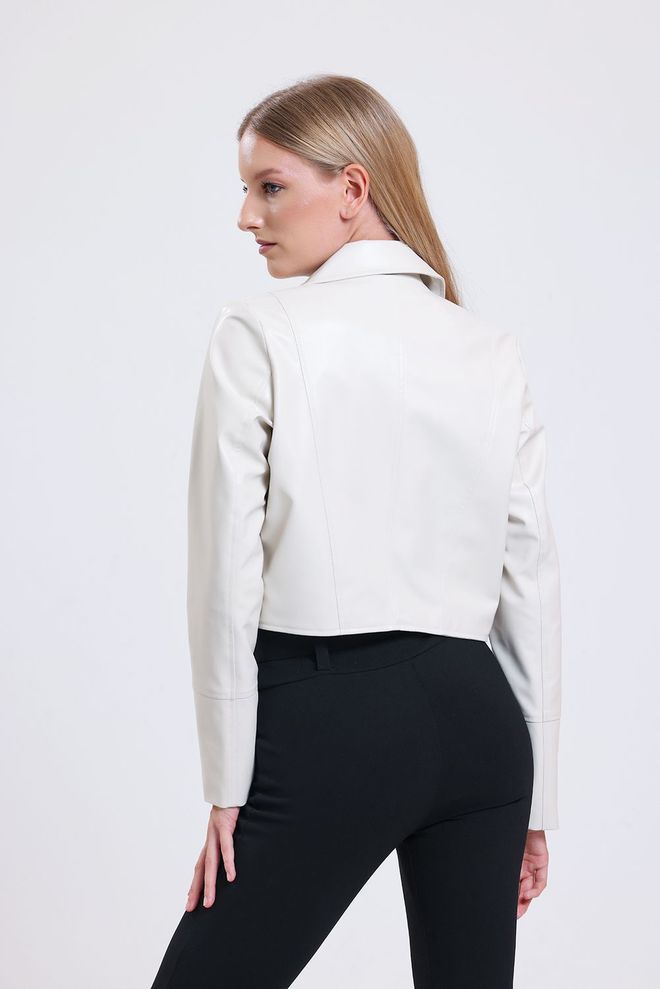 SENSE Cream Zipper Detailed Faux Leather Biker Jacket Wholesale Clothing 4