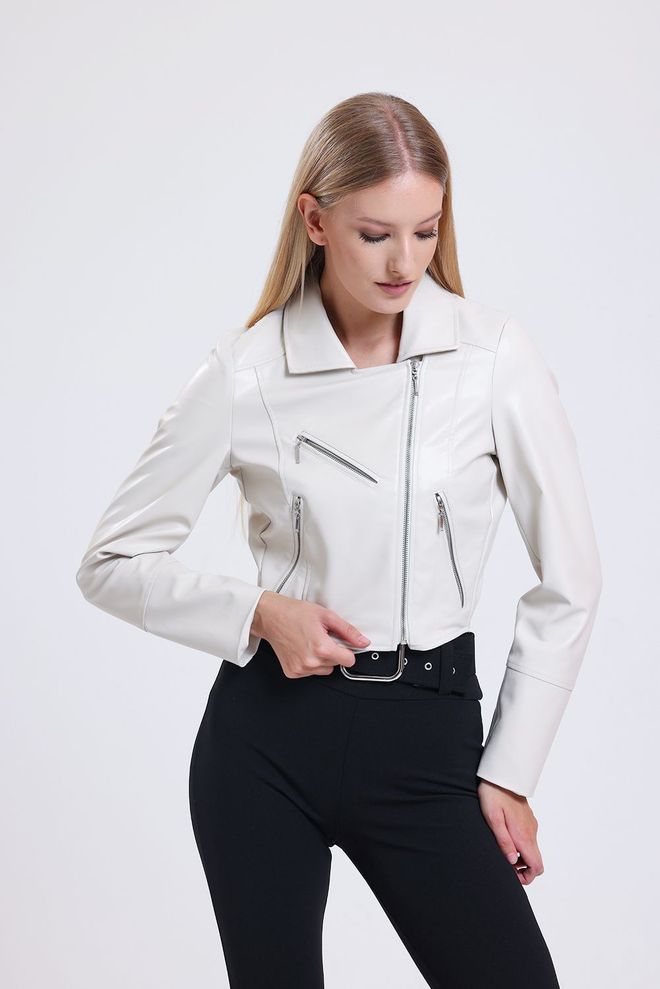 SENSE Jaqueta de motociclista de couro sintético detalhada com zíper creme Roupas por atacado Casual