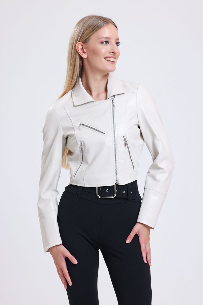 SENSE Cream Zipper Detailed Faux Leather Biker Jacket Wholesale Clothing 2